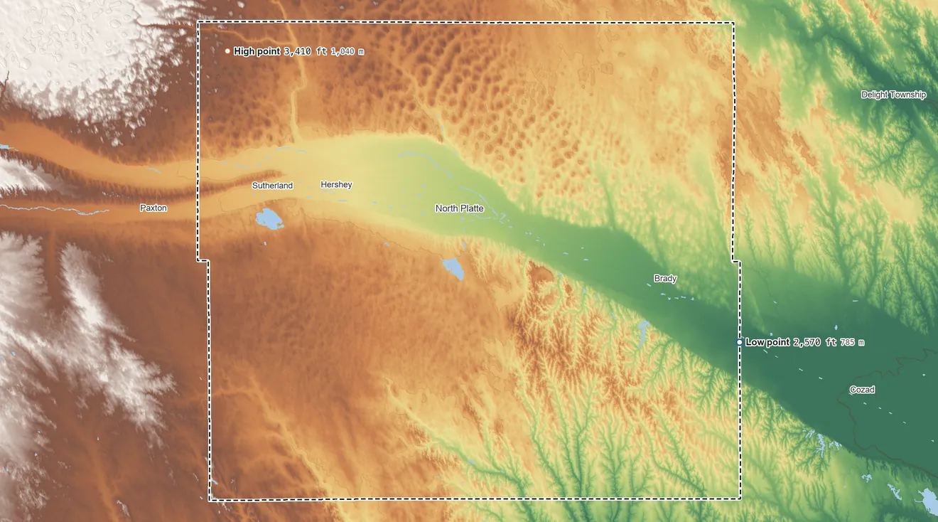 Topographic elevation map of Lincoln County, Nebraska, shaded from 2,570 ft on the east side to 3,410 ft on the northwest side