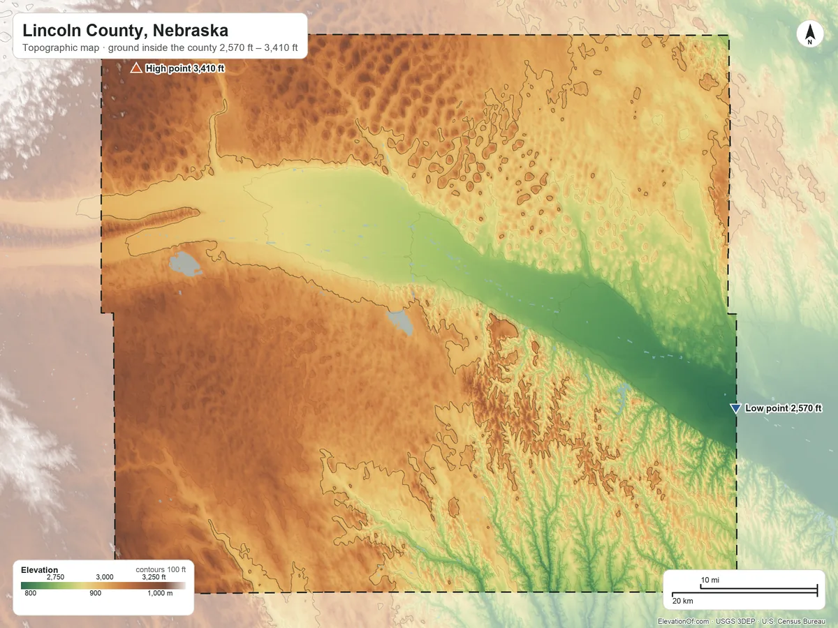 Topographic elevation map of Lincoln County, Nebraska, shaded from 2,570 ft on the east side to 3,410 ft on the northwest side