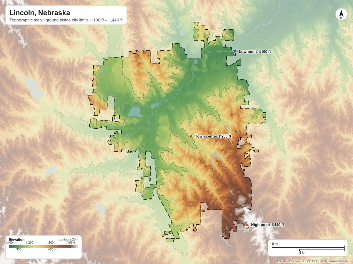 Topographic elevation map of Lincoln, Nebraska, shaded from 1,100 ft on the northeast side to 1,440 ft on the southeast side