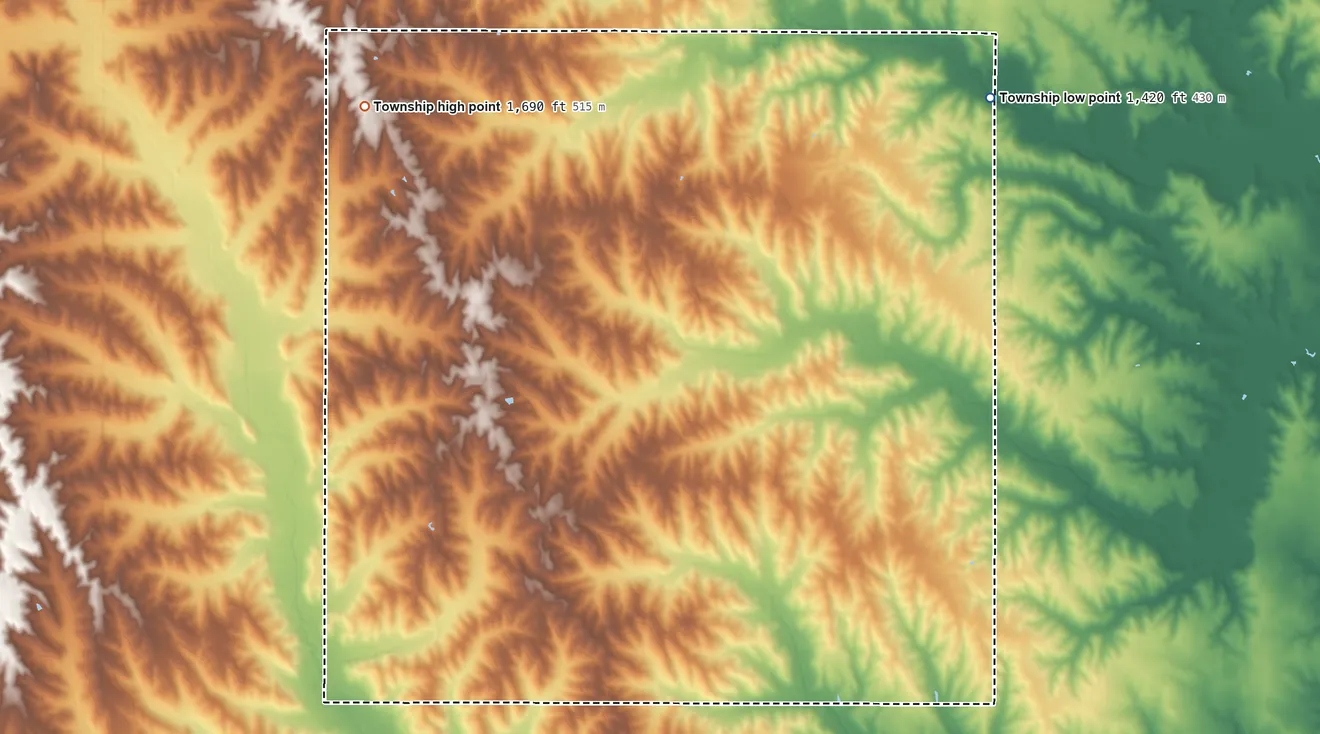 Topographic elevation map of Lincoln Township, Cuming County, Nebraska, shaded from 1,420 ft on the northeast side to 1,690 ft on the northwest side