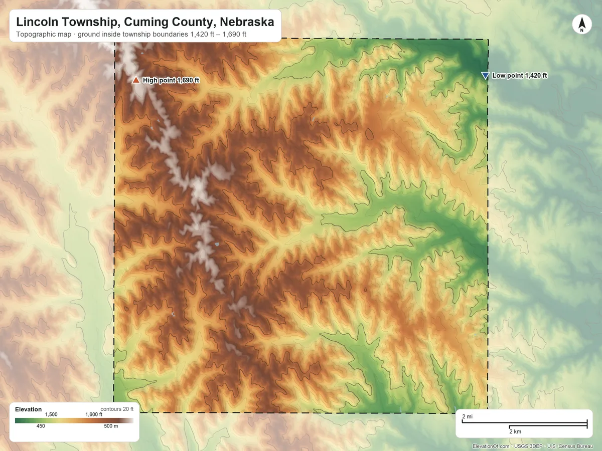 Topographic elevation map of Lincoln Township, Cuming County, Nebraska, shaded from 1,420 ft on the northeast side to 1,690 ft on the northwest side