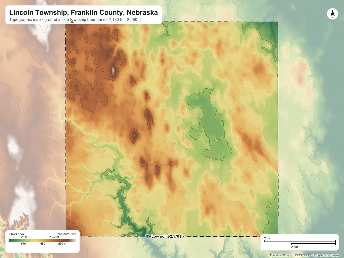 Topographic elevation map of Lincoln Township, Franklin County, Nebraska, shaded from 2,170 ft on the south side to 2,290 ft on the northwest side