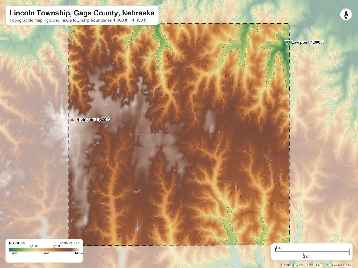 Topographic elevation map of Lincoln Township, Gage County, Nebraska, shaded from 1,300 ft on the east side to 1,450 ft on the west side