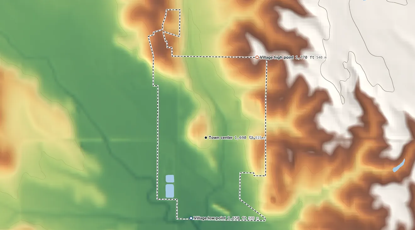 Topographic elevation map of Lindsay, Nebraska, shaded from 1,650 ft on the south side to 1,770 ft on the northeast side