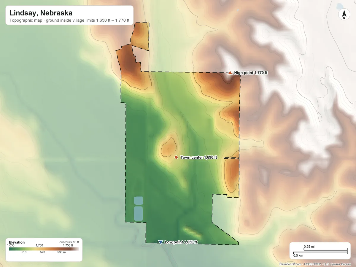 Topographic elevation map of Lindsay, Nebraska, shaded from 1,650 ft on the south side to 1,770 ft on the northeast side