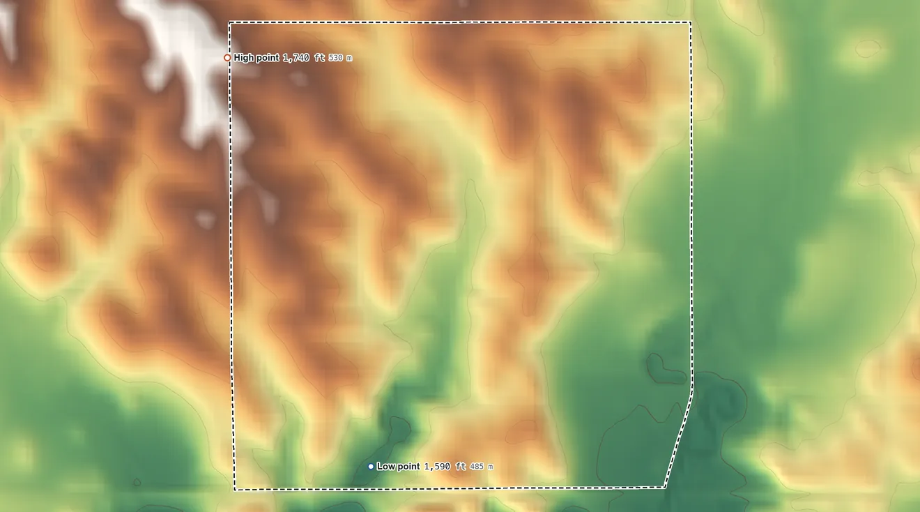 Topographic elevation map of Lindy, Nebraska, shaded from 1,590 ft on the southwest side to 1,740 ft on the northwest side