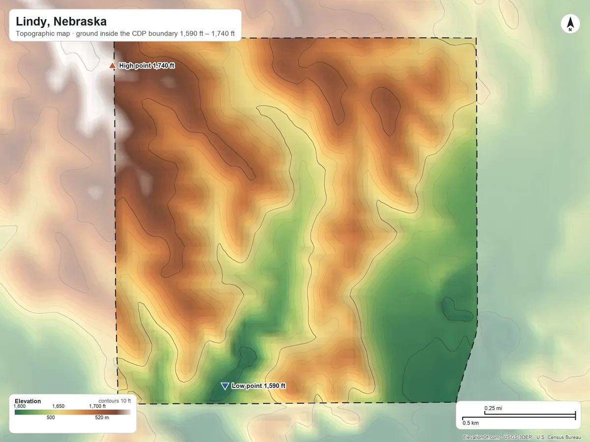 Topographic elevation map of Lindy, Nebraska, shaded from 1,590 ft on the southwest side to 1,740 ft on the northwest side