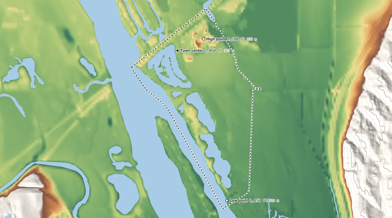 Topographic elevation map of Linoma Beach, Nebraska, shaded from 1,050 ft on the south side to 1,100 ft on the northeast side