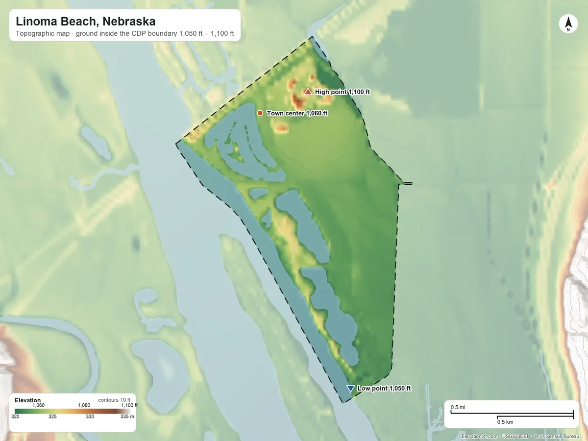 Topographic elevation map of Linoma Beach, Nebraska, shaded from 1,050 ft on the south side to 1,100 ft on the northeast side