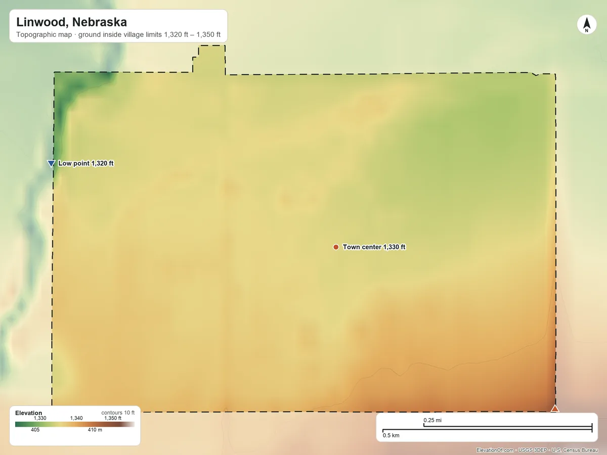 Topographic elevation map of Linwood, Nebraska, shaded from 1,320 ft on the west side to 1,350 ft on the southeast side