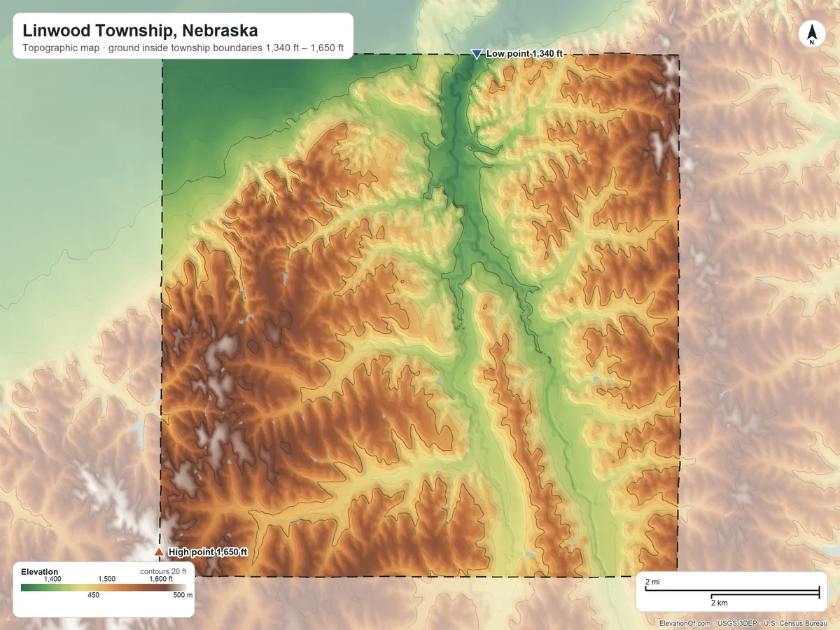 Topographic elevation map of Linwood Township, Nebraska, shaded from 1,340 ft on the north side to 1,650 ft on the southwest side
