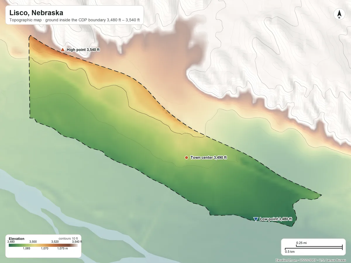 Topographic elevation map of Lisco, Nebraska, shaded from 3,480 ft on the southeast side to 3,540 ft on the northwest side