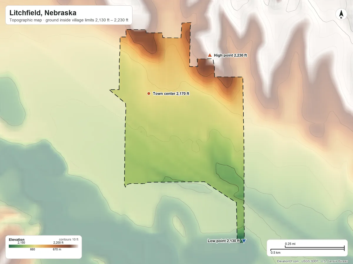 Topographic elevation map of Litchfield, Nebraska, shaded from 2,130 ft on the southeast side to 2,230 ft on the northeast side