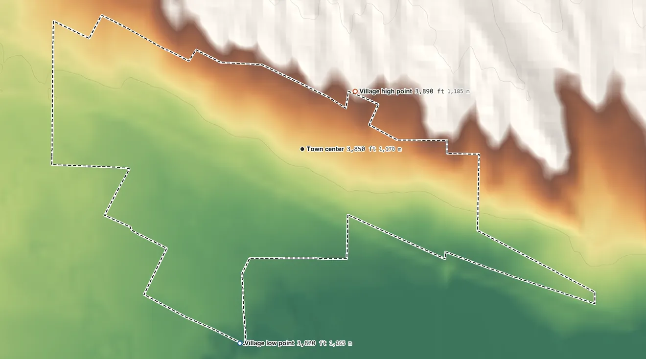 Topographic elevation map of Lodgepole, Nebraska, shaded from 3,820 ft on the south side to 3,890 ft on the northeast side