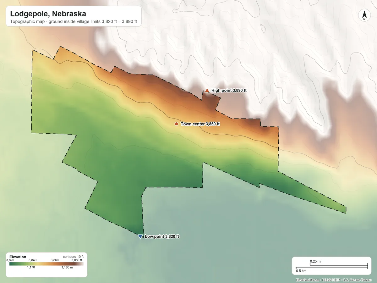 Topographic elevation map of Lodgepole, Nebraska, shaded from 3,820 ft on the south side to 3,890 ft on the northeast side