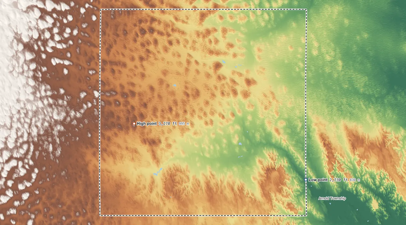 Topographic elevation map of Logan County, Nebraska, shaded from 2,730 ft on the southeast side to 3,270 ft on the west side