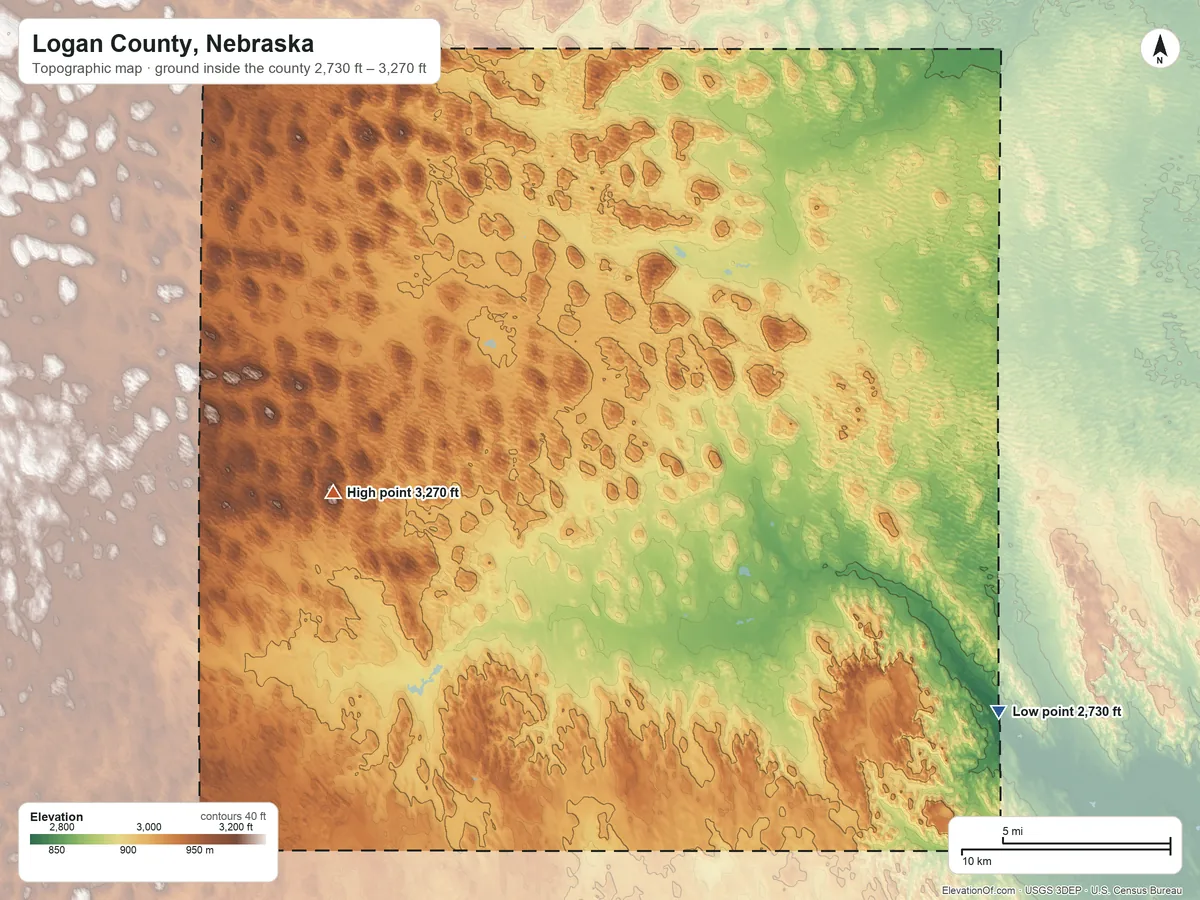 Topographic elevation map of Logan County, Nebraska, shaded from 2,730 ft on the southeast side to 3,270 ft on the west side