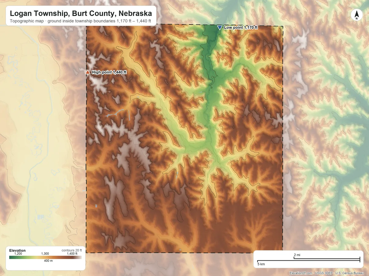 Topographic elevation map of Logan Township, Burt County, Nebraska, shaded from 1,170 ft on the northeast side to 1,440 ft on the northwest side