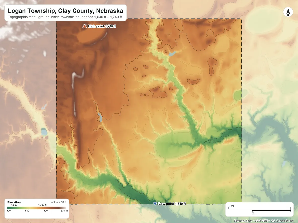 Topographic elevation map of Logan Township, Clay County, Nebraska, shaded from 1,640 ft on the south side to 1,740 ft on the northwest side