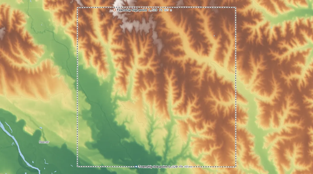 Topographic elevation map of Logan Township, Cuming County, Nebraska, shaded from 1,320 ft on the south side to 1,520 ft on the north side