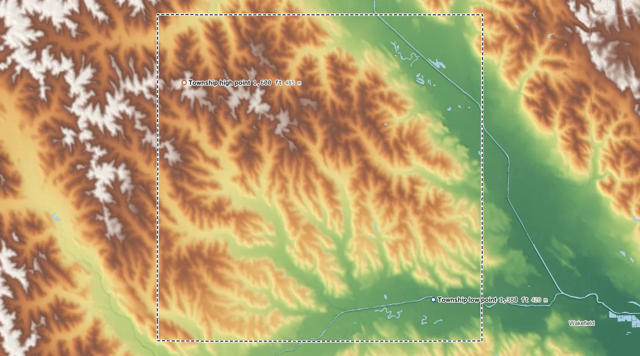 Topographic elevation map of Logan Township, Dixon County, Nebraska, shaded from 1,380 ft on the southeast side to 1,600 ft on the northwest side