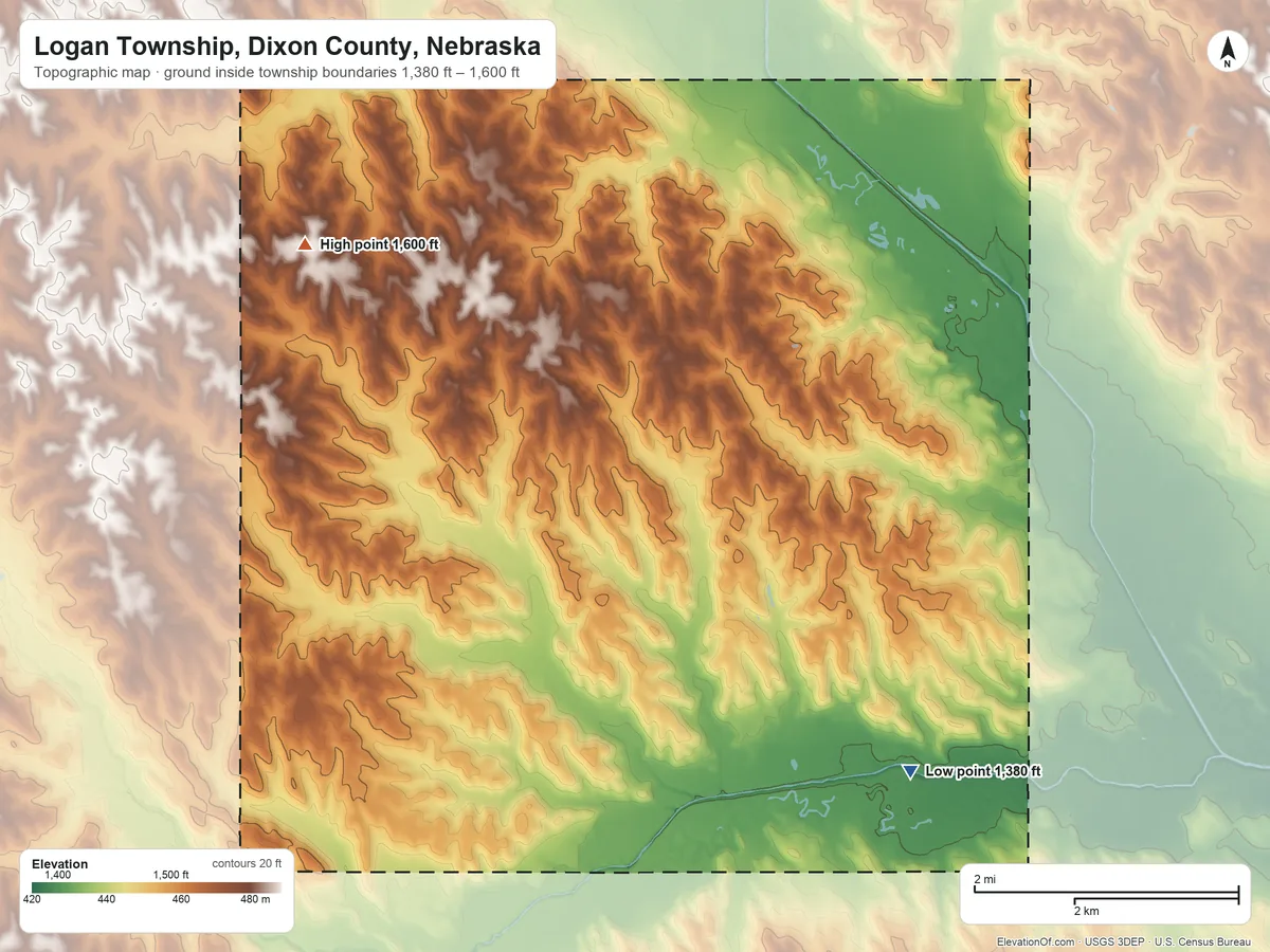 Topographic elevation map of Logan Township, Dixon County, Nebraska, shaded from 1,380 ft on the southeast side to 1,600 ft on the northwest side