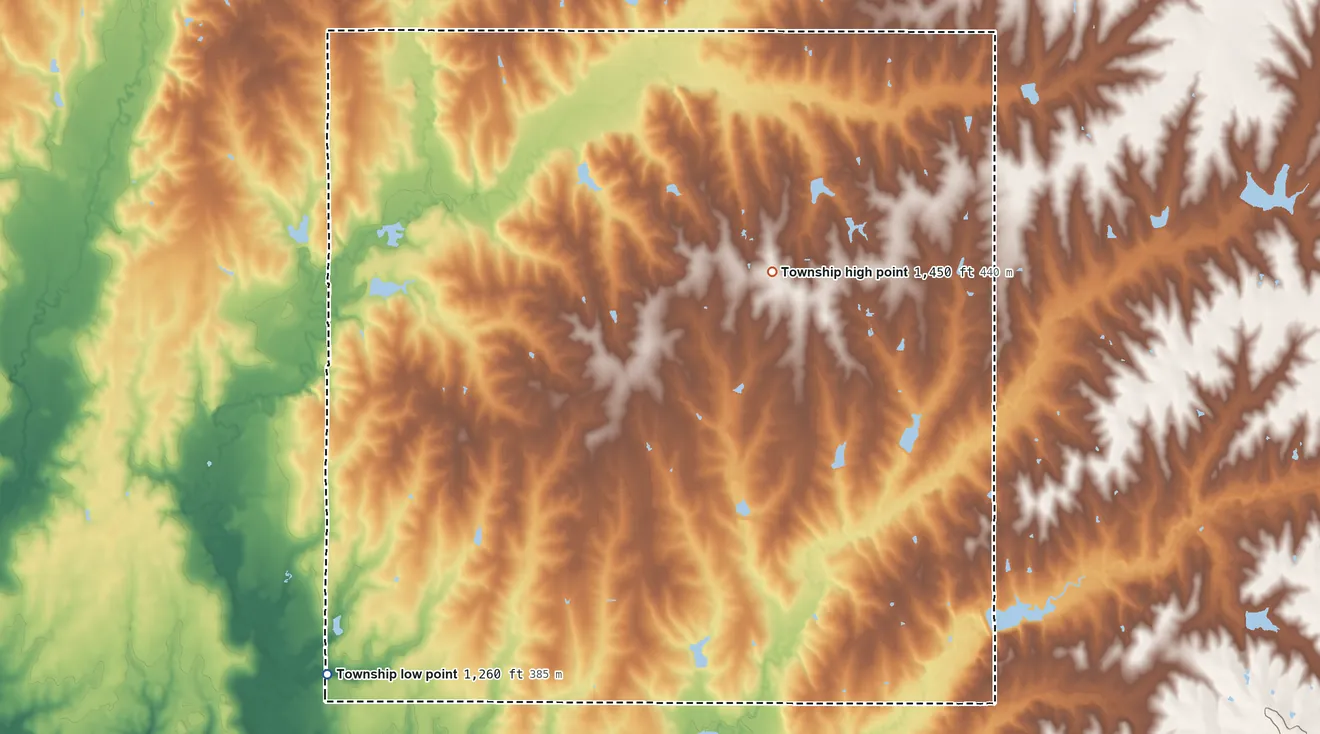 Topographic elevation map of Logan Township, Gage County, Nebraska, shaded from 1,260 ft on the southwest side to 1,450 ft on the northeast side