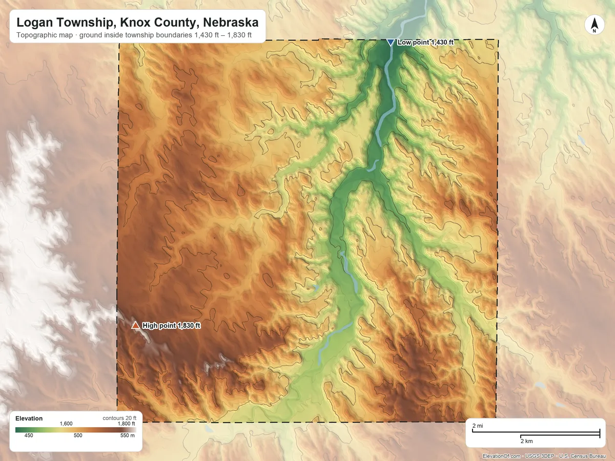Topographic elevation map of Logan Township, Knox County, Nebraska, shaded from 1,430 ft on the north side to 1,830 ft on the west side