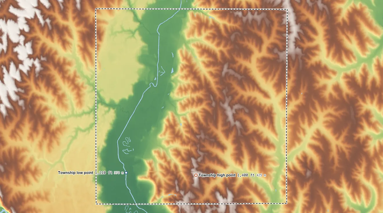 Topographic elevation map of Logan Township, Nebraska, shaded from 1,210 ft on the southwest side to 1,400 ft on the south side
