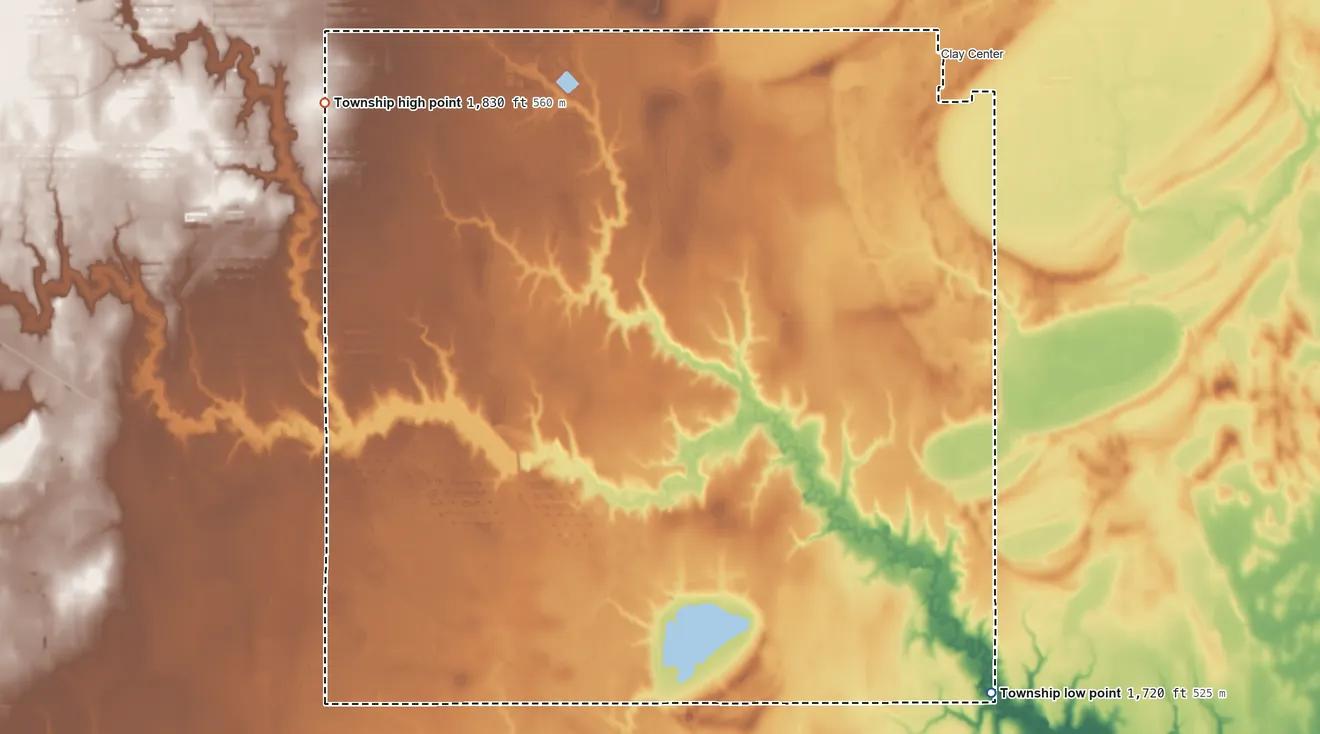 Topographic elevation map of Lone Tree Township, Clay County, Nebraska, shaded from 1,720 ft on the southeast side to 1,830 ft on the northwest side