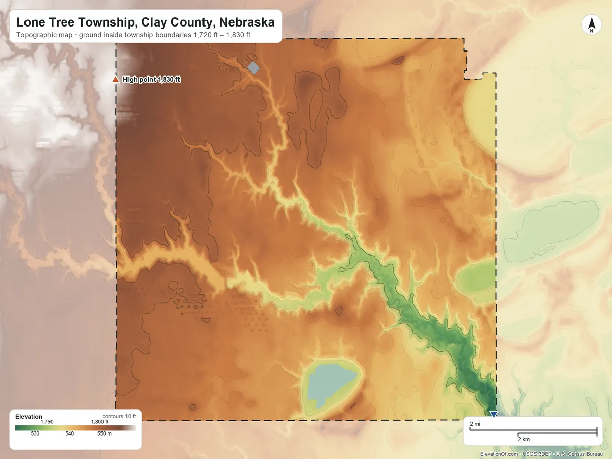 Topographic elevation map of Lone Tree Township, Clay County, Nebraska, shaded from 1,720 ft on the southeast side to 1,830 ft on the northwest side
