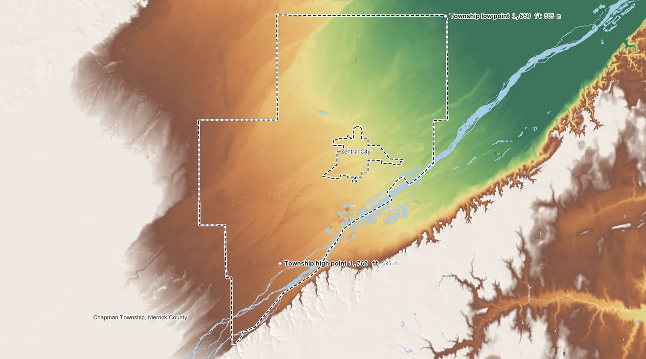 Topographic elevation map of Lone Tree Township, Nebraska, shaded from 1,660 ft on the northeast side to 1,760 ft on the southwest side