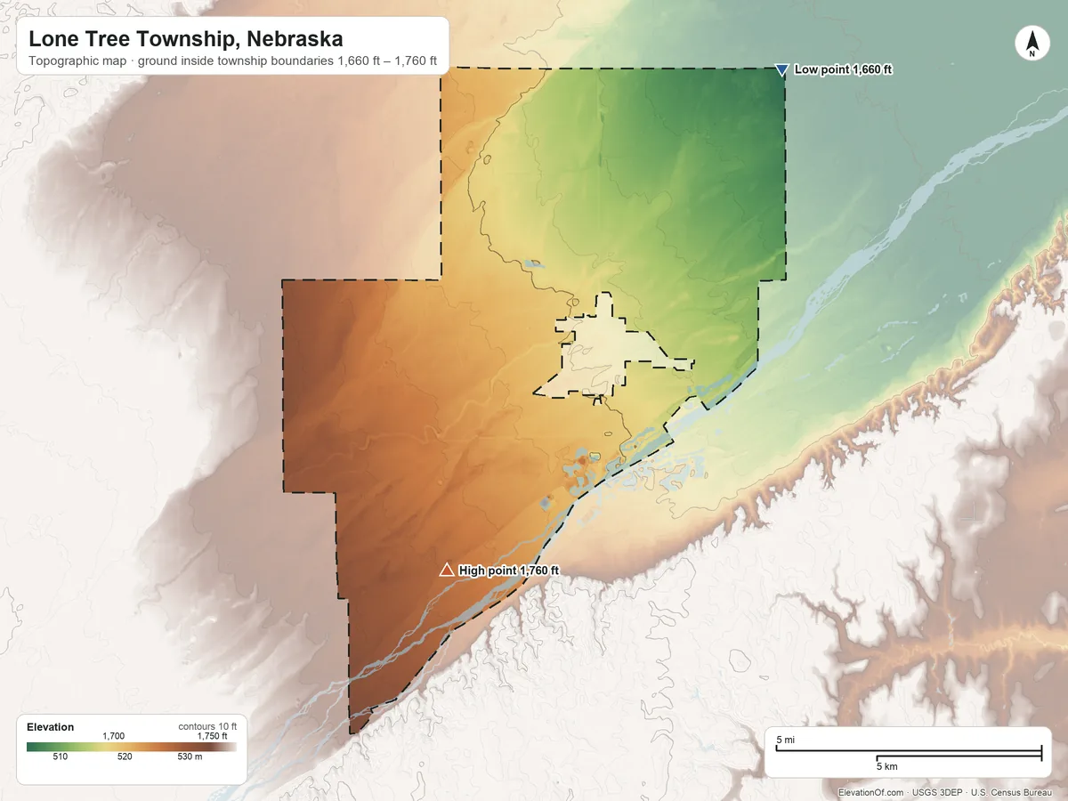 Topographic elevation map of Lone Tree Township, Nebraska, shaded from 1,660 ft on the northeast side to 1,760 ft on the southwest side