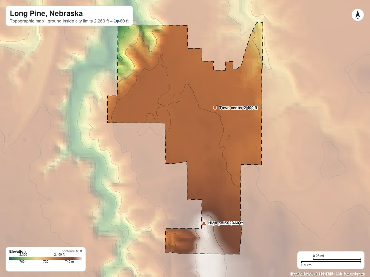 Topographic elevation map of Long Pine, Nebraska, shaded from 2,260 ft on the northwest side to 2,460 ft on the south side