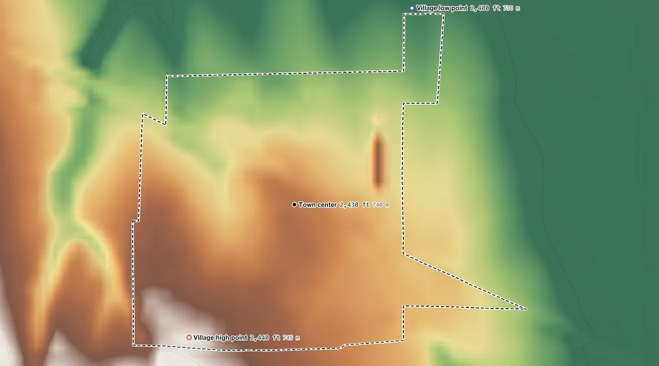 Topographic elevation map of Loomis, Nebraska, shaded from 2,400 ft on the northeast side to 2,440 ft on the southwest side