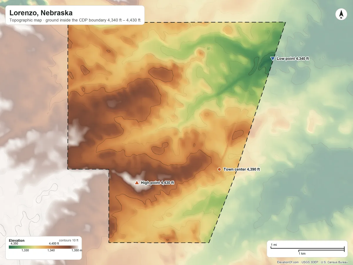 Topographic elevation map of Lorenzo, Nebraska, shaded from 4,340 ft on the northeast side to 4,430 ft on the west side