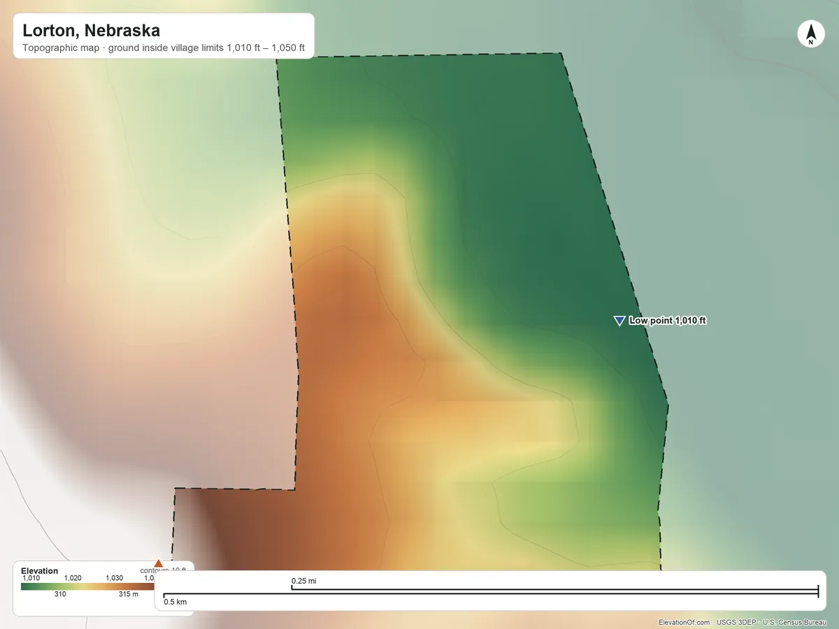 Topographic elevation map of Lorton, Nebraska, shaded from 1,010 ft on the northeast side to 1,050 ft on the west side