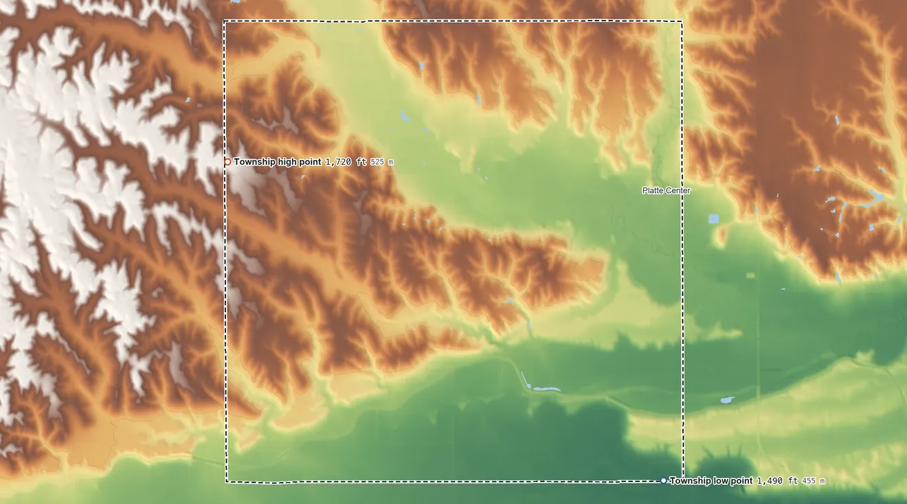 Topographic elevation map of Lost Creek Township, Nebraska, shaded from 1,490 ft on the south side to 1,720 ft on the west side