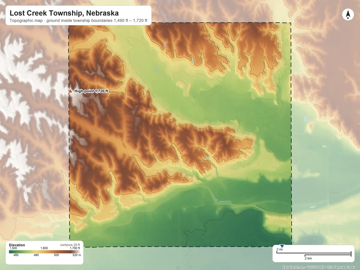 Topographic elevation map of Lost Creek Township, Nebraska, shaded from 1,490 ft on the south side to 1,720 ft on the west side