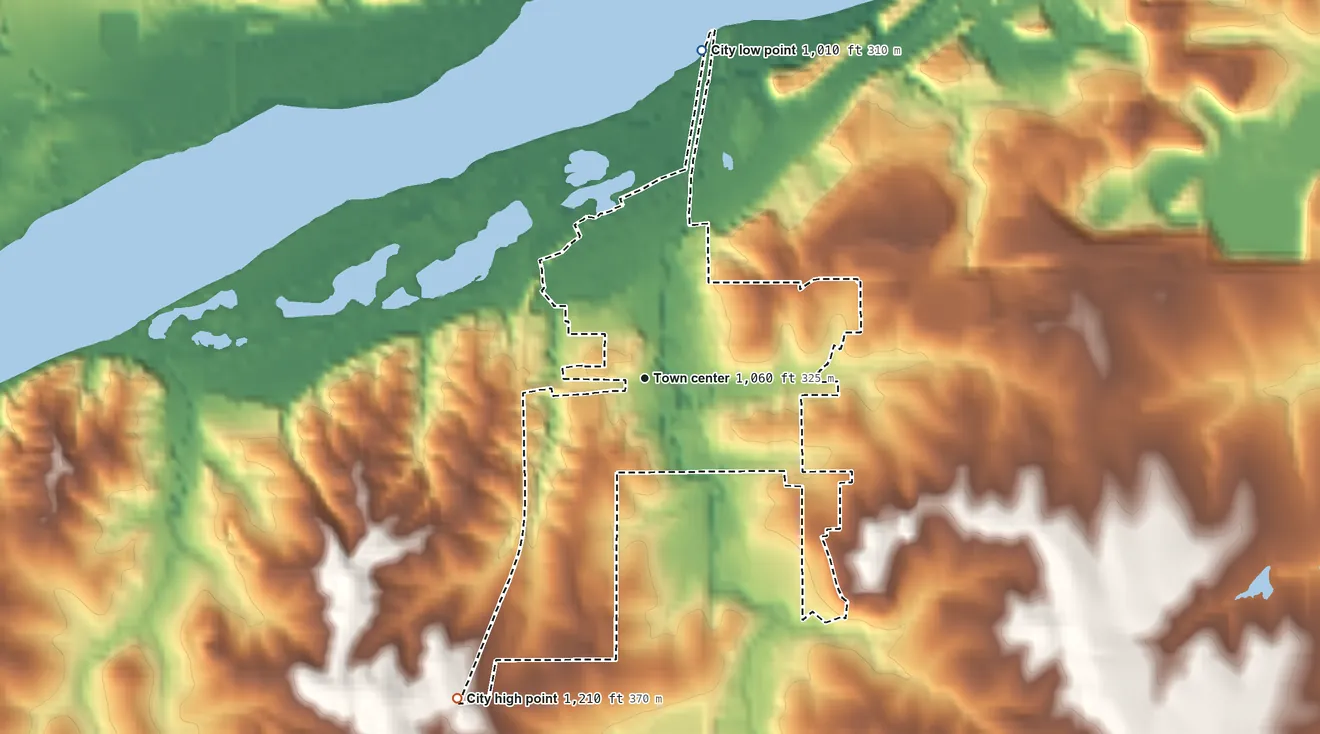 Topographic elevation map of Louisville, Nebraska, shaded from 1,010 ft on the north side to 1,210 ft on the southwest side