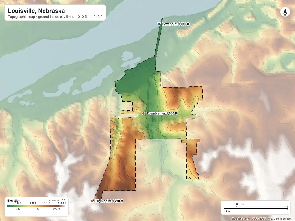 Topographic elevation map of Louisville, Nebraska, shaded from 1,010 ft on the north side to 1,210 ft on the southwest side