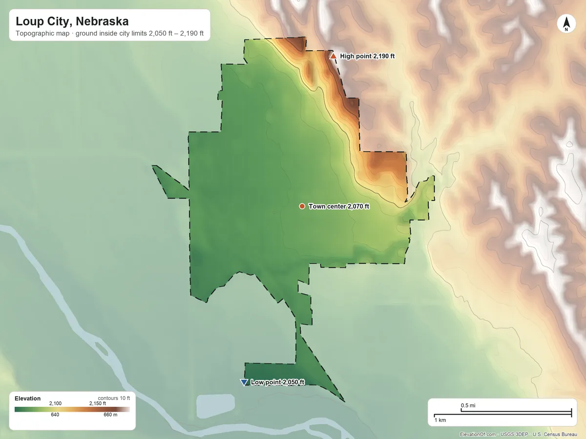 Topographic elevation map of Loup City, Nebraska, shaded from 2,050 ft on the south side to 2,190 ft on the north side