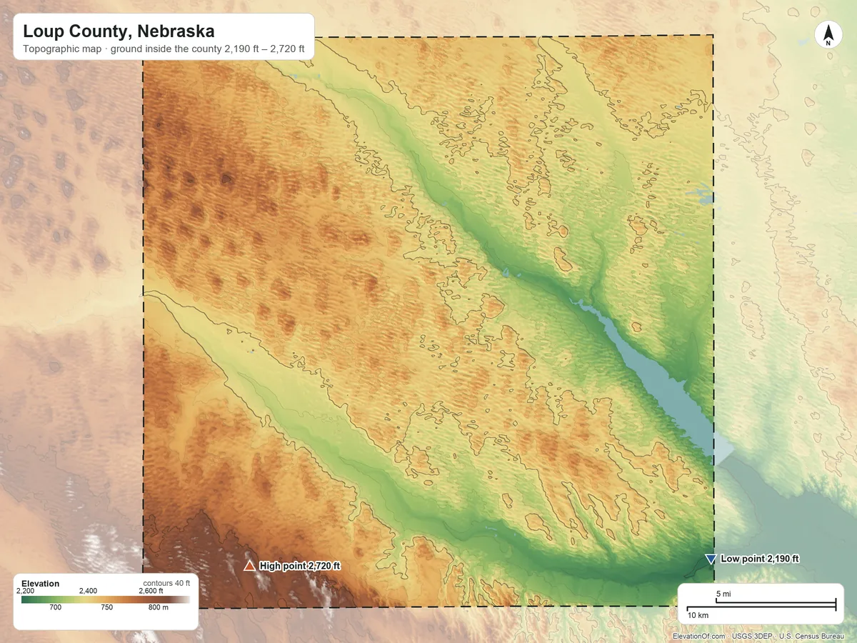 Topographic elevation map of Loup County, Nebraska, shaded from 2,190 ft on the southeast side to 2,720 ft on the southwest side