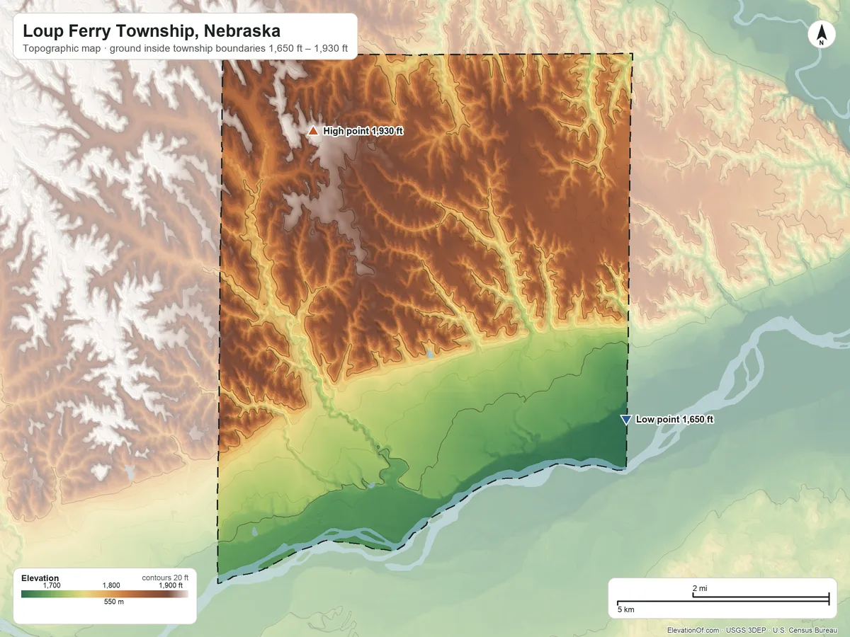 Topographic elevation map of Loup Ferry Township, Nebraska, shaded from 1,650 ft on the southeast side to 1,930 ft on the northwest side