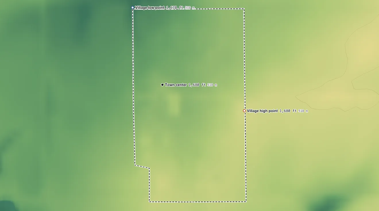 Topographic elevation map of Lushton, Nebraska, shaded from 1,670 ft on the north side to 1,680 ft on the east side