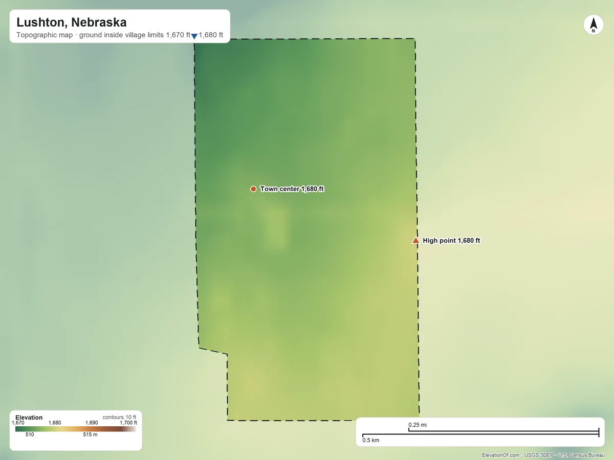 Topographic elevation map of Lushton, Nebraska, shaded from 1,670 ft on the north side to 1,680 ft on the east side