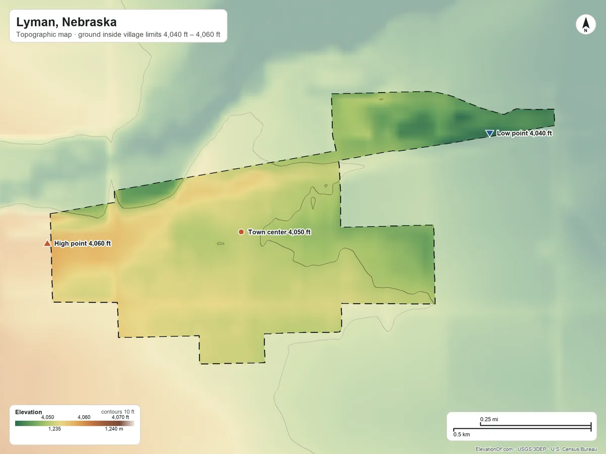 Topographic elevation map of Lyman, Nebraska, shaded from 4,040 ft on the east side to 4,060 ft on the west side