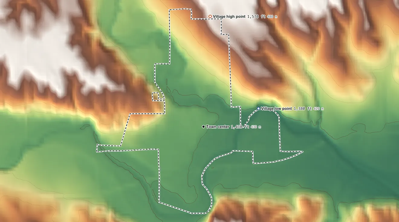 Topographic elevation map of Lynch, Nebraska, shaded from 1,380 ft on the east side to 1,570 ft on the north side