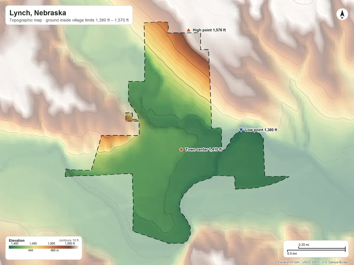 Topographic elevation map of Lynch, Nebraska, shaded from 1,380 ft on the east side to 1,570 ft on the north side