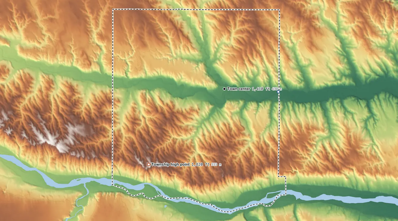 Topographic elevation map of Lynch Township, Nebraska, shaded from 1,370 ft on the east side to 1,820 ft on the southwest side